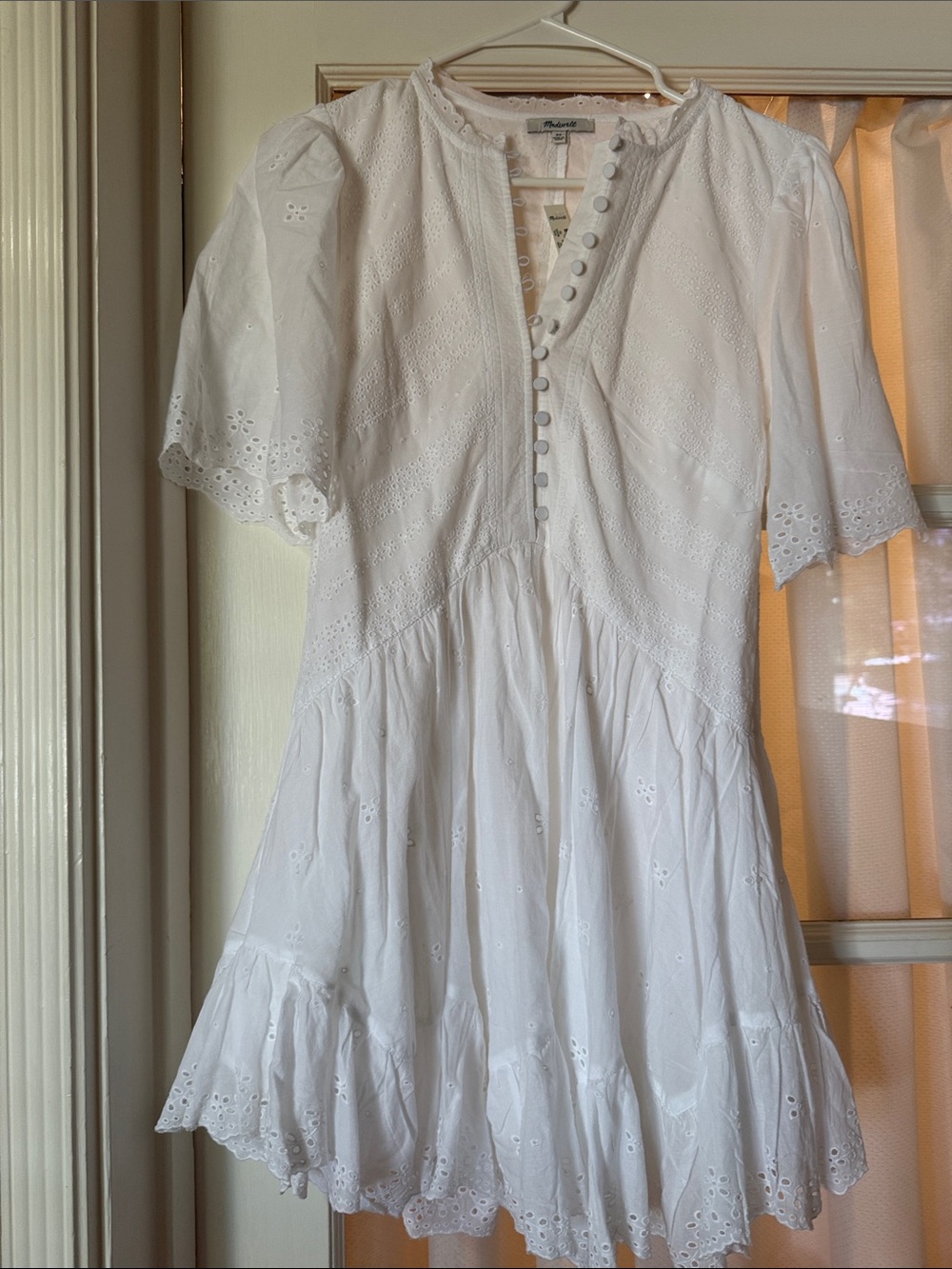 Madewell White Eyelet Tiered Mini Dress with Button Placket